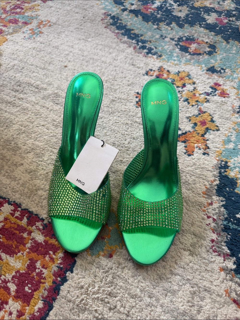 NWT Mango Metallic Green Rhinestone Slide Mules Size 39 = 8